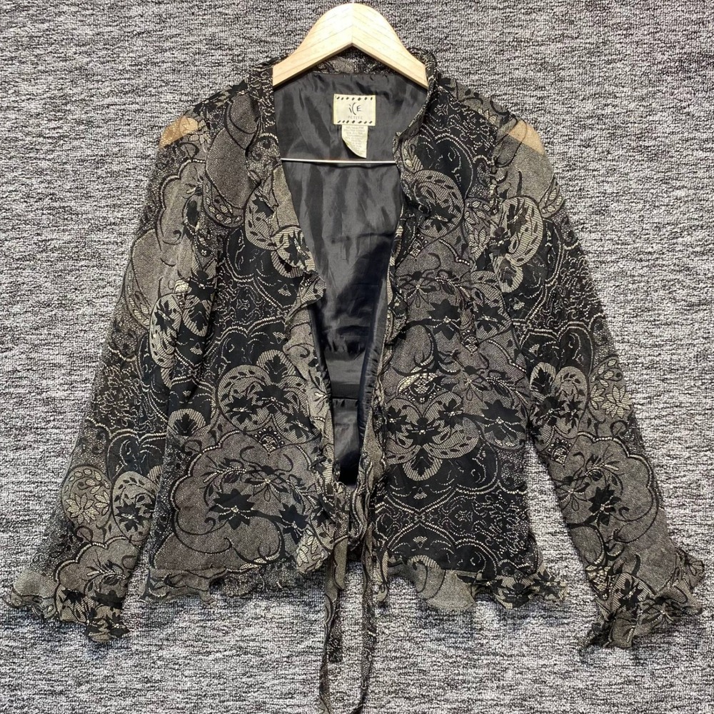 Vintage ICE Petite Silk Ruffle Tie Front Blouse Jacket Whimsigoth Black Gold PM